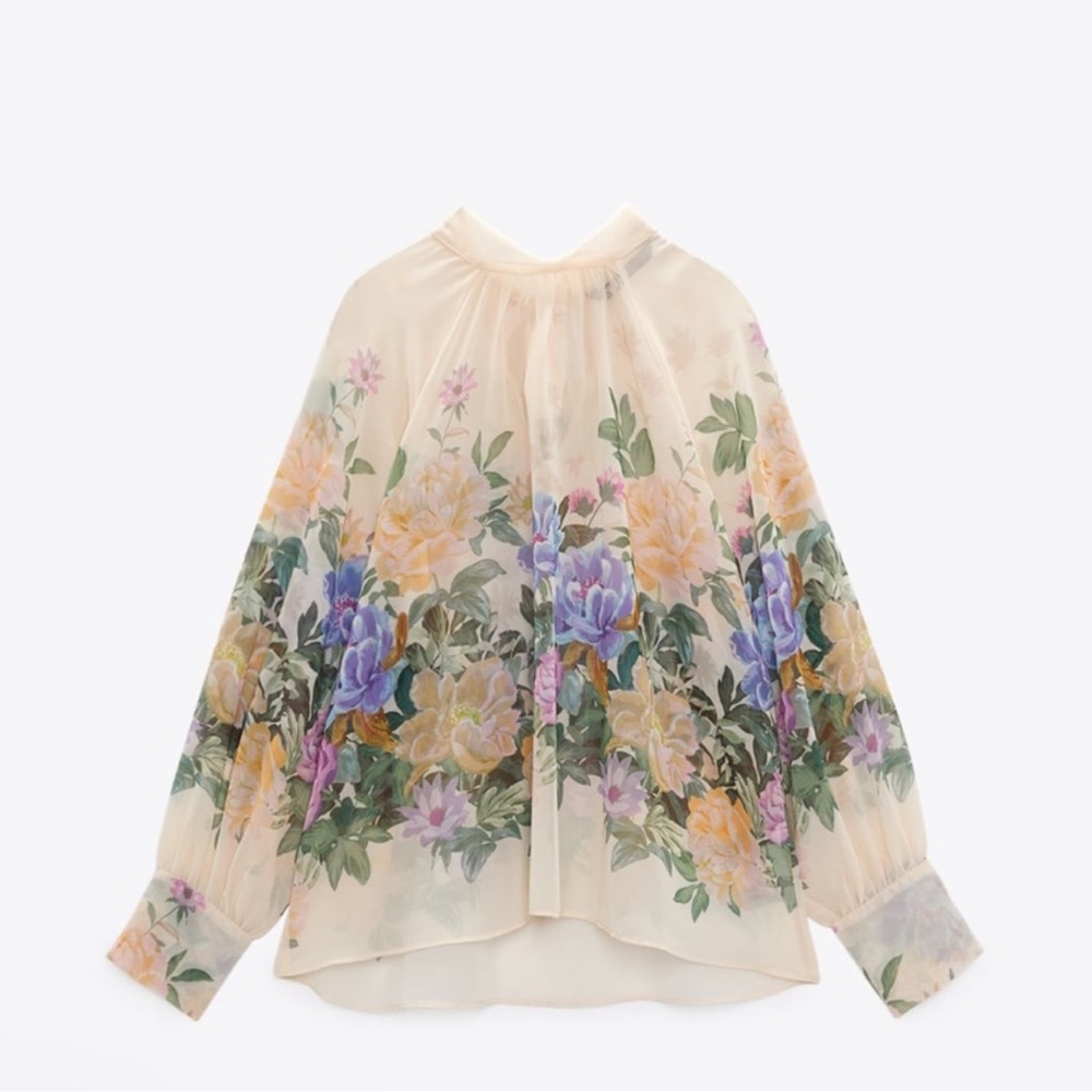 Zara Floral Cream Blouse with Purple and Peach Blooms - Picture 3 of 9